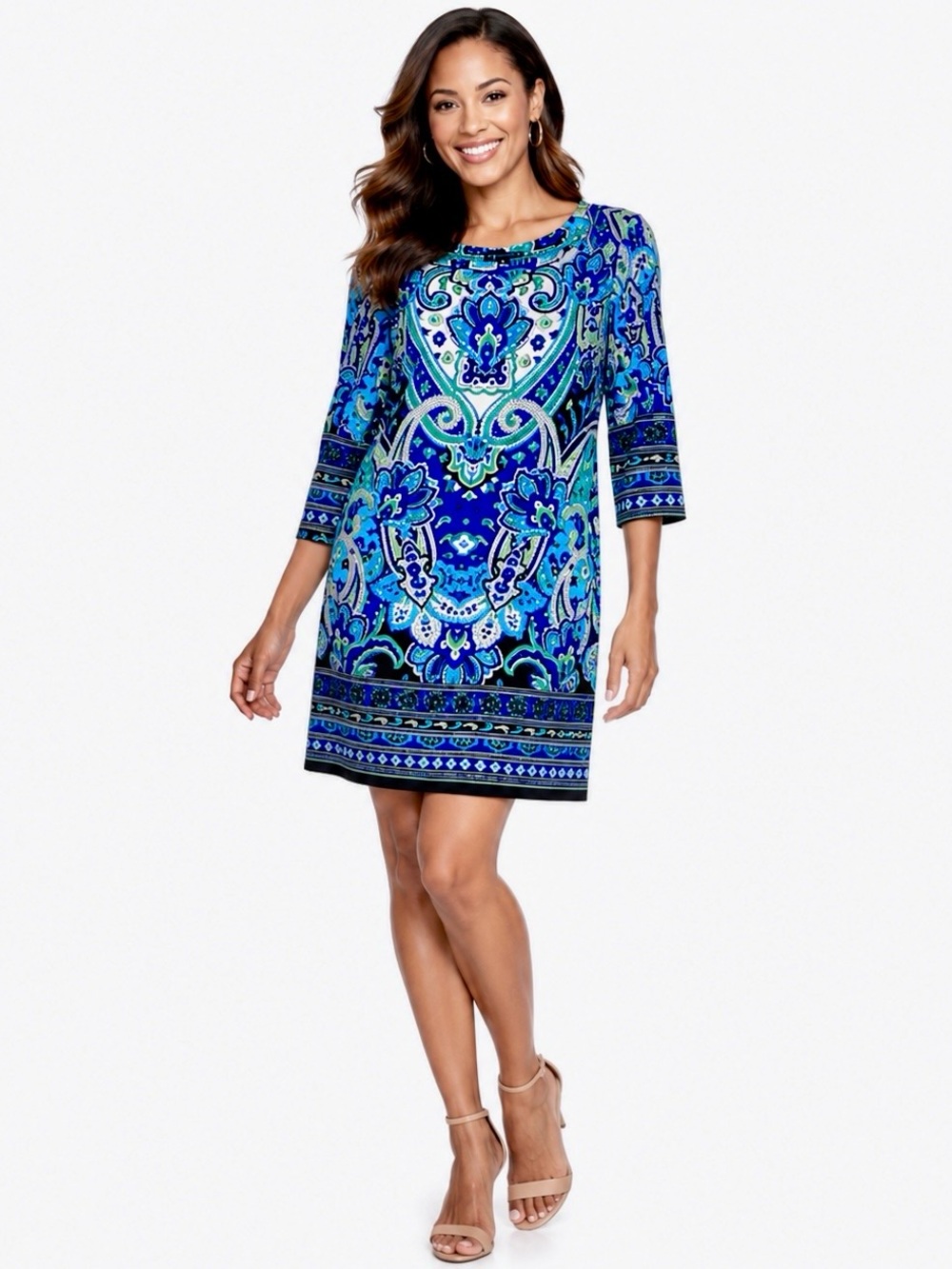 Madison Leigh Paisley Shift Dress Size 14 Blue Green 3/4 Sleeve Stretch Workwear